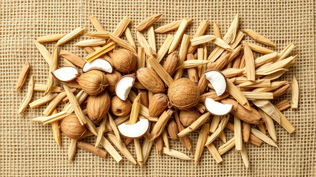 sustainable cat litter -
and coconut husk fibers arranged artfully on a natural burlap background