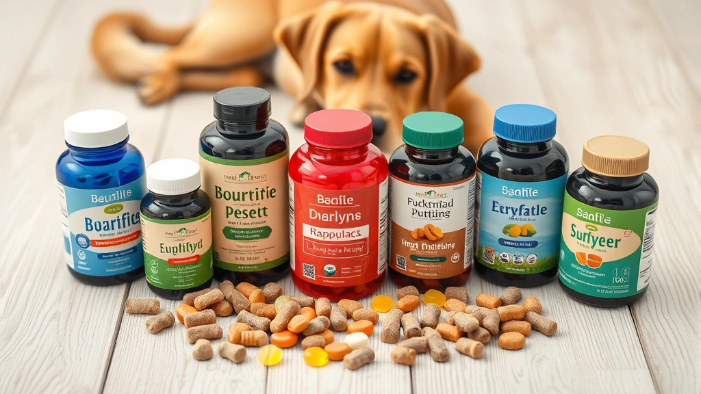 tasty pet supplements -
Photorealistic flat lay of various colorful pet supplement bottles and chewable