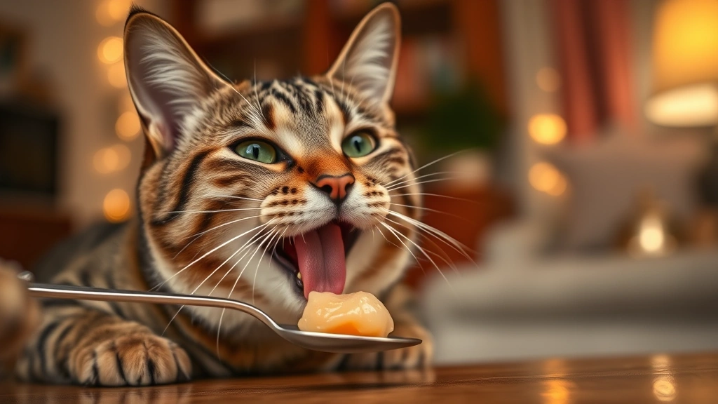 tasty pet supplements -
Photorealistic image of a content tabby cat licking a fish-flavored liquid supp