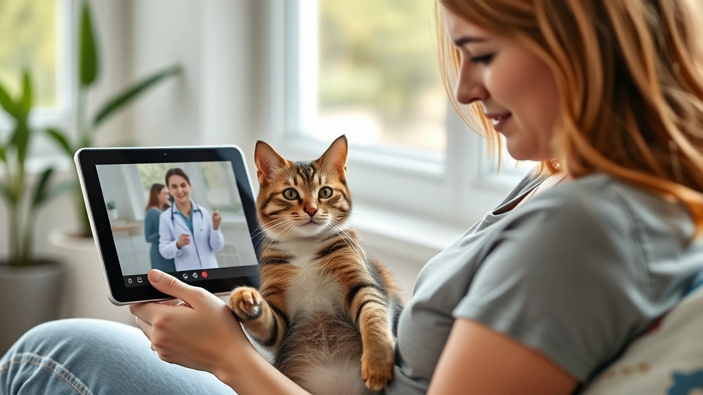 telehealth vet appointments -
Photorealistic image of a woman holding a tabby cat while video calling a veter