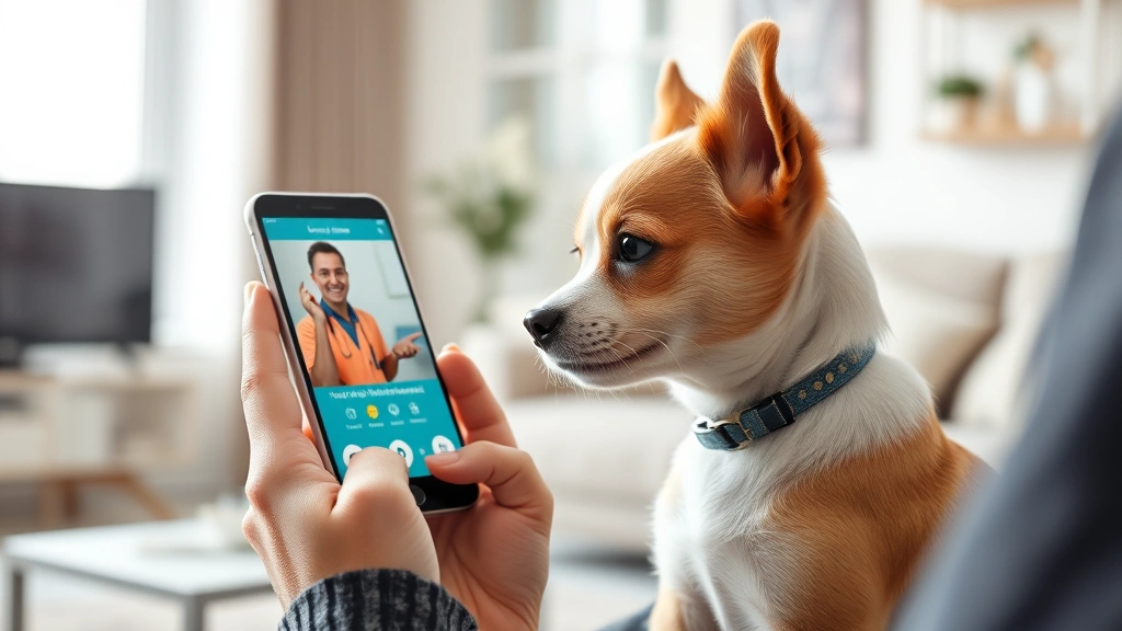 telehealth vet appointments -
Photorealistic image of a small dog looking at a smartphone screen displaying a