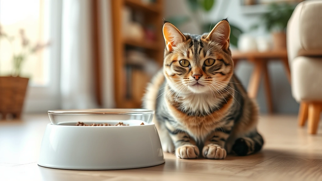 temporary feeding schedule changes -
A calm tabby cat sitting beside a full food bowl looking relaxed and content, i