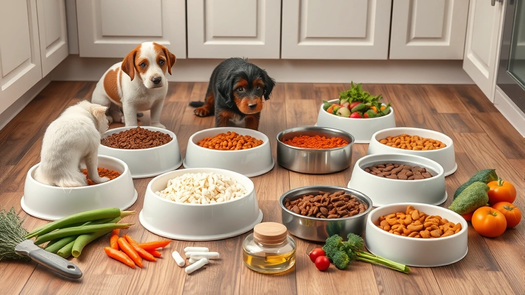 therapeutic feeding schedules -
Photorealistic image of various pet food bowls arranged on a kitchen floor with