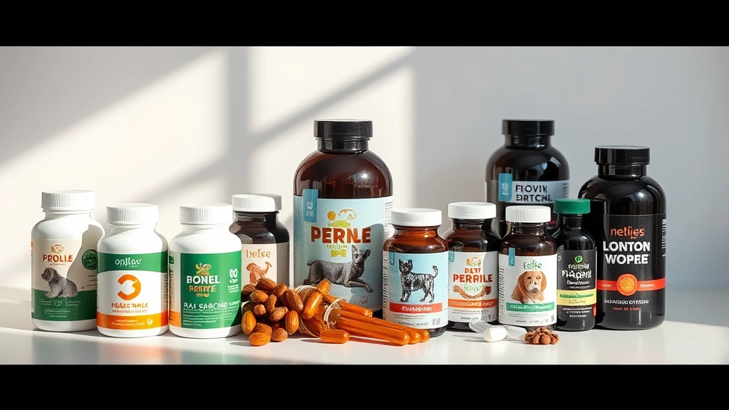 third-party tested pet supplements -
Photorealistic image of various pet supplement bottles and containers arranged 