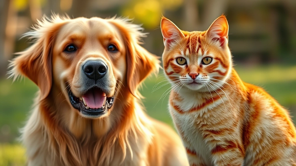 third-party tested pet supplements -
Photorealistic photo of a healthy golden retriever and orange tabby cat togethe