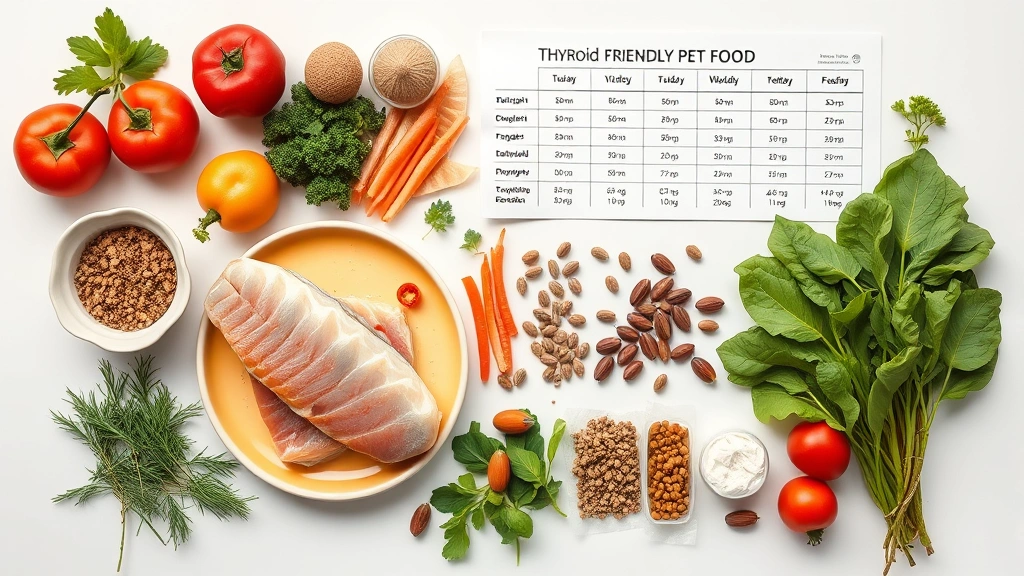 thyroid condition feeding routine -
Photorealistic flat lay of thyroid-friendly pet food ingredients including fish