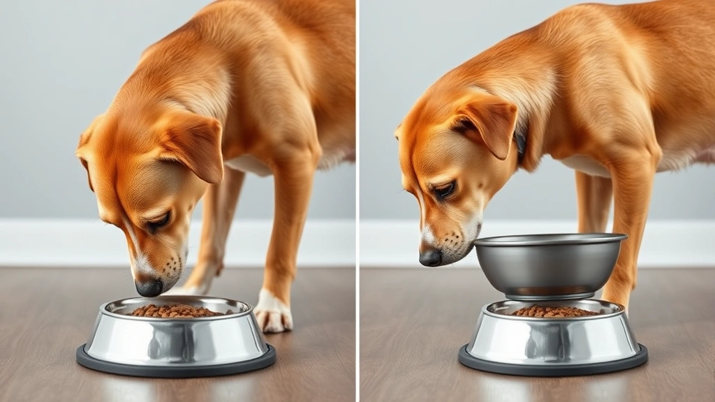 tilted bowls feeding schedule -
Side-by-side comparison showing a dog eating from flat bowl with bent posture v