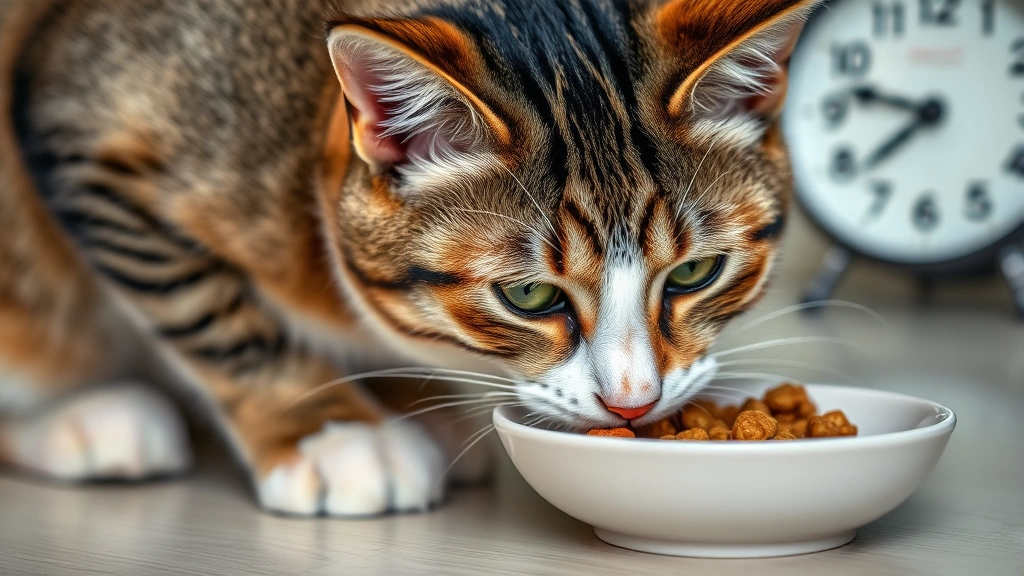timed feeding for pets -
Photorealistic close-up of a content tabby cat eating measured portions from a 
