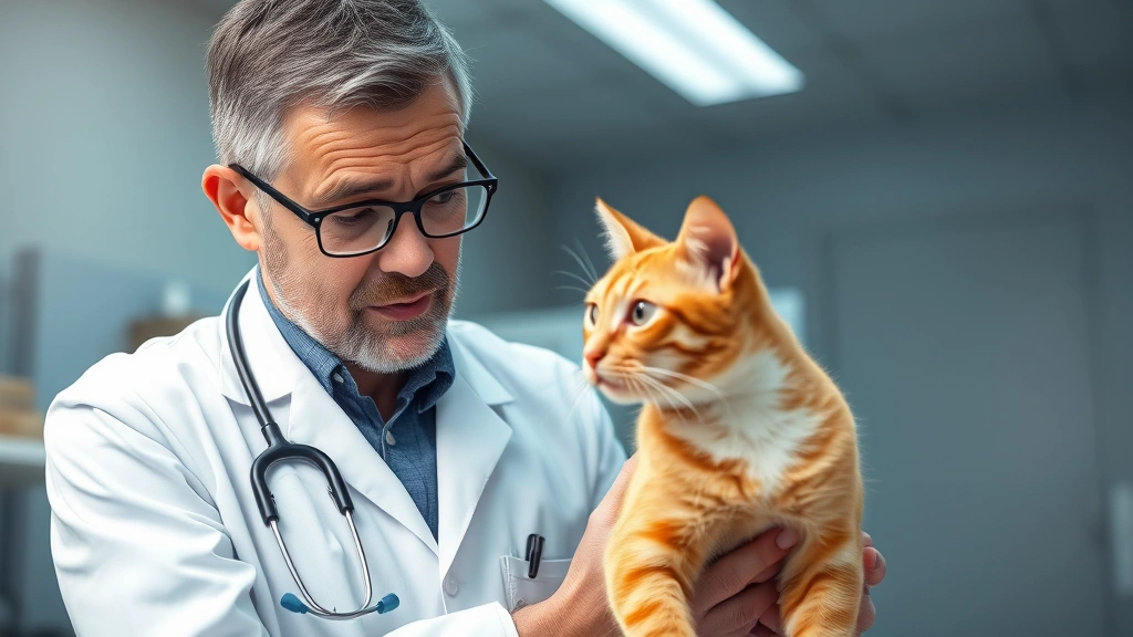 toxic human foods for cats -
Photorealistic image of a veterinarian examining an orange cat with concerned e
