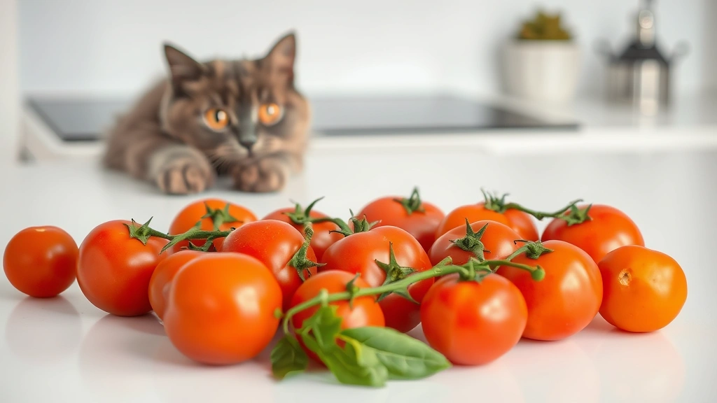 toxic vegetables for cats -
and tomatoes arranged on a white kitchen surface with a curious gray cat paw re