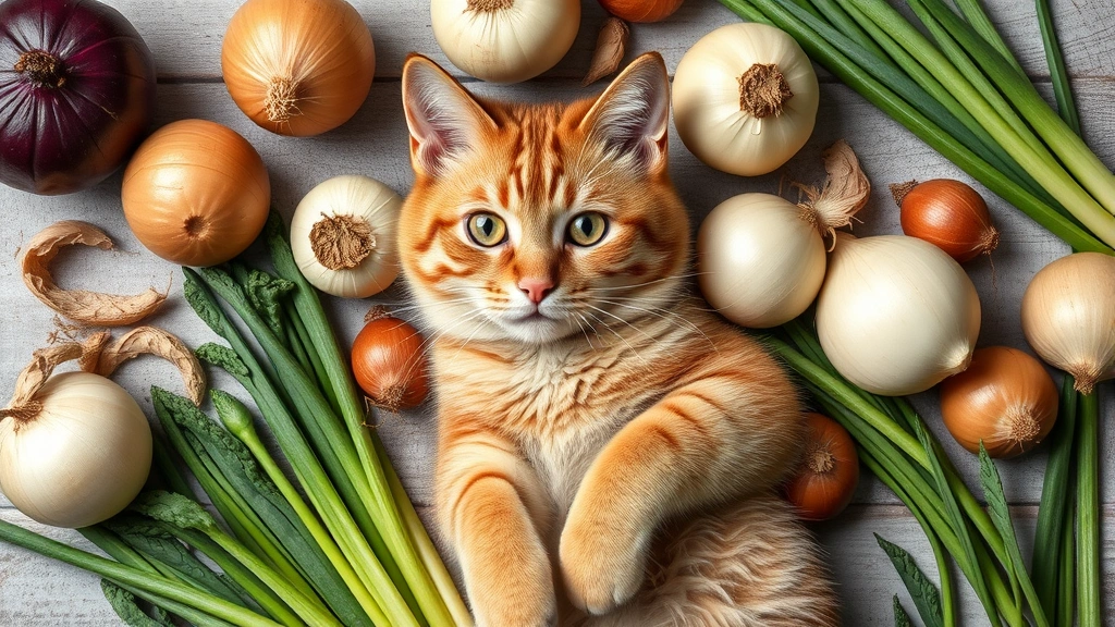 toxic vegetables for cats -
Photorealistic flat lay of common toxic vegetables for cats including onions