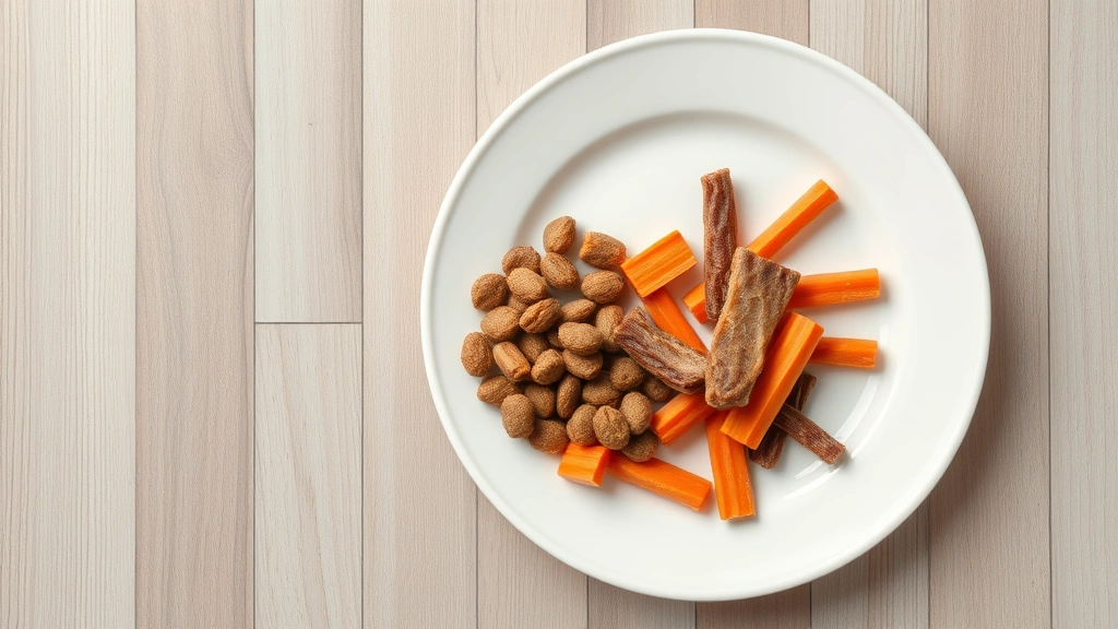 training treat feeding impact -
Photorealistic overhead shot of a dog food bowl with measured kibble portions a