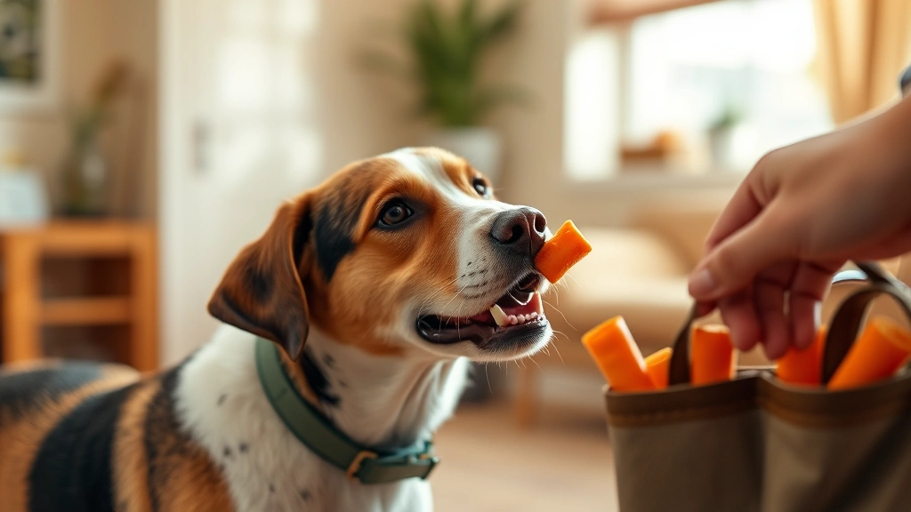 training treats from human food -
Photorealistic action shot of a dog mid-training session receiving a small trea