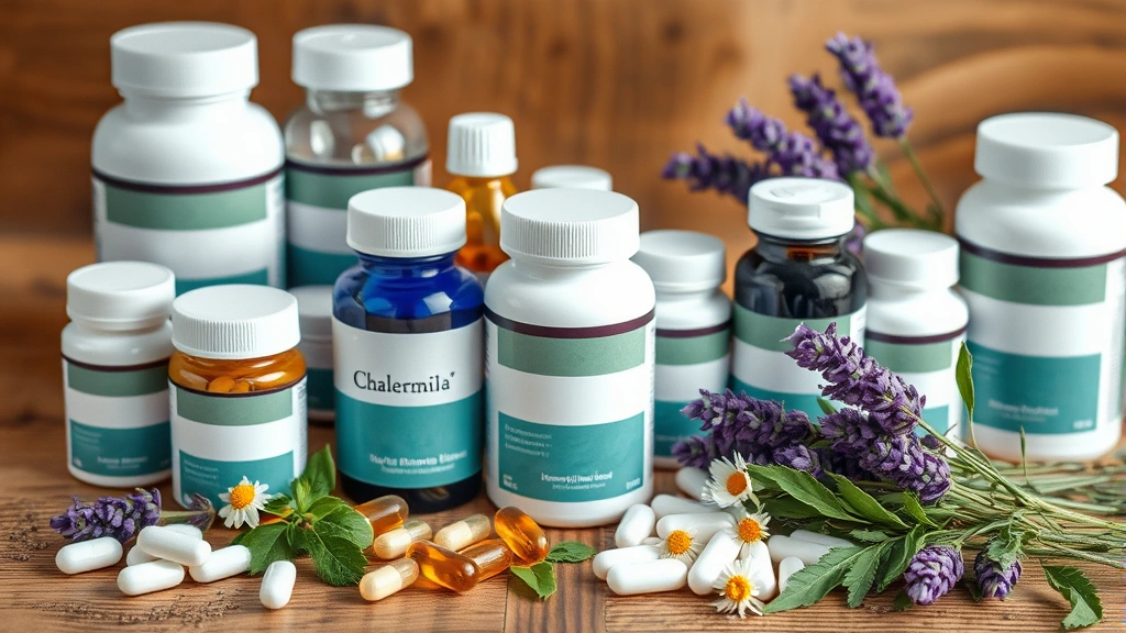 travel anxiety supplements -
Photorealistic image of various supplement bottles and capsules arranged on a w