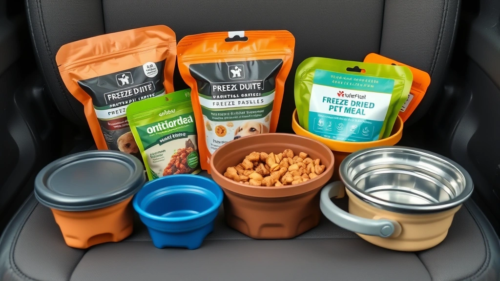 travel feeding solutions for pets -
Photorealistic style: Close-up of various portable pet food containers, freeze-