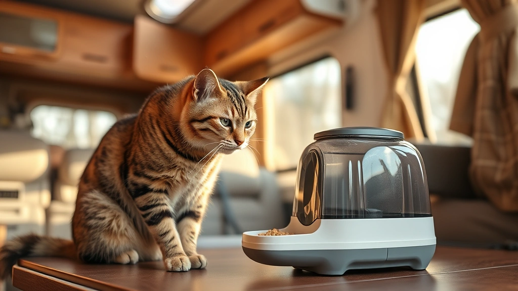 travel feeding solutions for pets -
Photorealistic style: A tabby cat being fed from a portable automatic feeder in