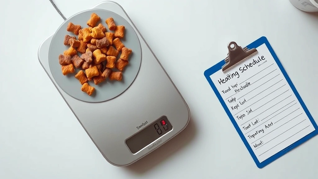 treat scheduling between meals -
Photorealistic overhead view of a pet food scale with a small pile of healthy p