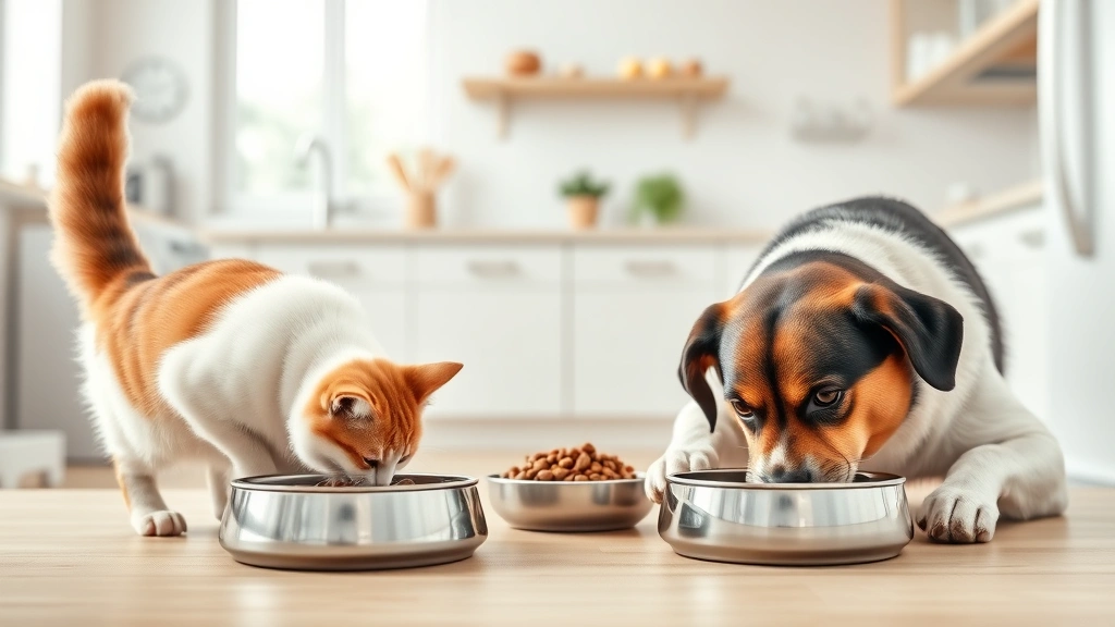 treat scheduling between meals -
Photorealistic image of a cat and dog eating from separate bowls in different a