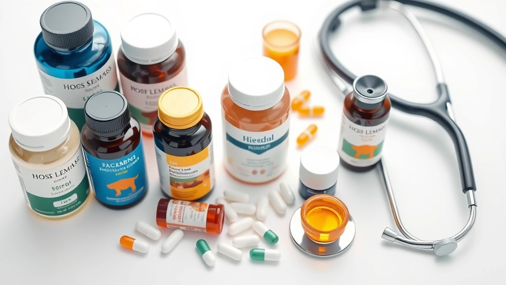 tryptophan supplements for dogs -
Photorealistic close-up of various dog supplement bottles and capsules arranged