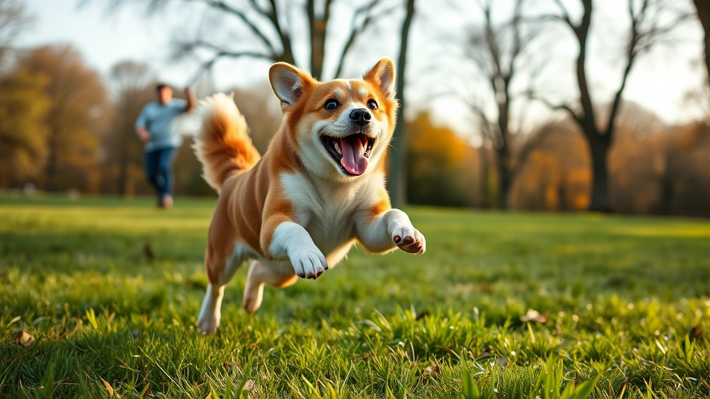 tryptophan supplements for dogs -
Photorealistic happy dog playing fetch in a grassy park with owner in backgroun
