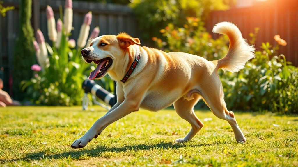 turmeric supplements for pets -
Senior dog stretching and playing outdoors in a sunny garden, showing mobility 