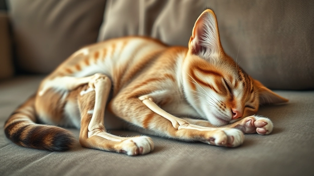 underfeeding pets -
A malnourished cat with prominent bones and low energy lying on a couch, photor
