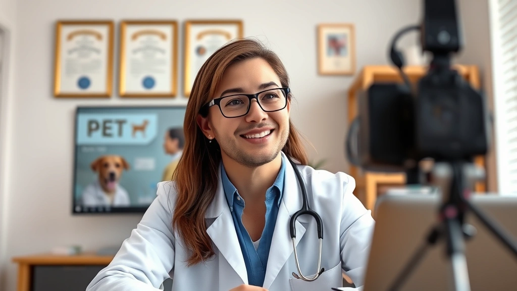urgent care telehealth for pets -
Photorealistic image of a veterinarian in a white coat speaking during a video 