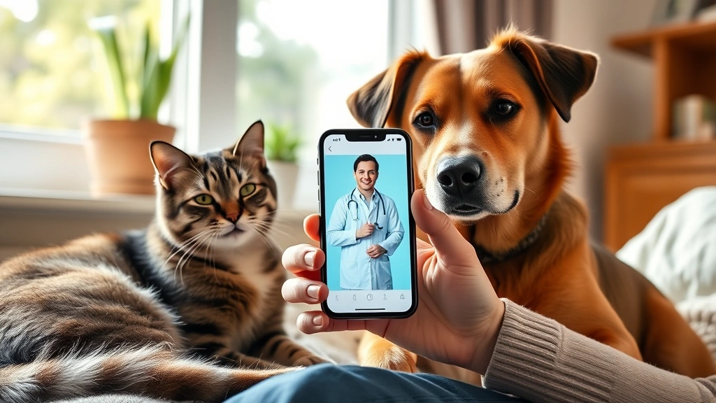 urgent care telehealth for pets -
Photorealistic image of a cat and dog sitting together peacefully at home while