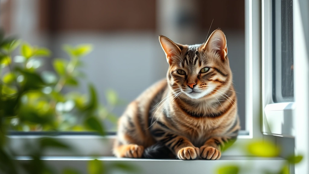 valerian root for pet anxiety -
Photorealistic image of a tabby cat sitting peacefully on a windowsill with a g