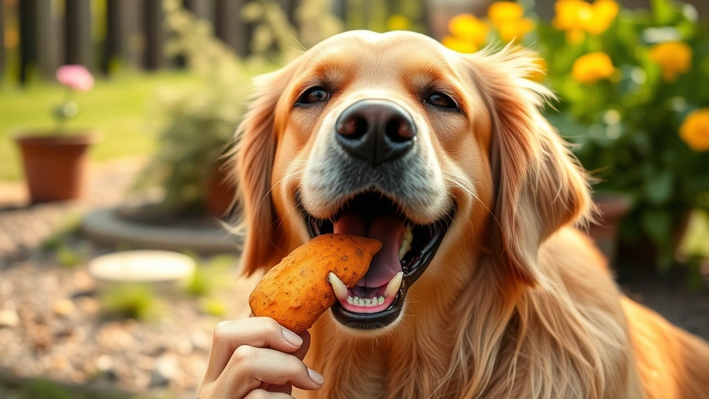 vegetable-based pet treats -
Photorealistic image of a happy golden retriever eagerly eating a sweet potato