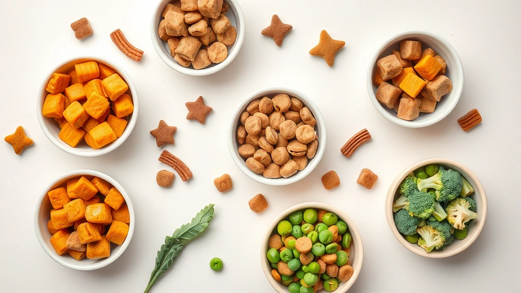 vegetable-based pet treats -
Photorealistic overhead flat lay composition of various vegetable-based pet tre