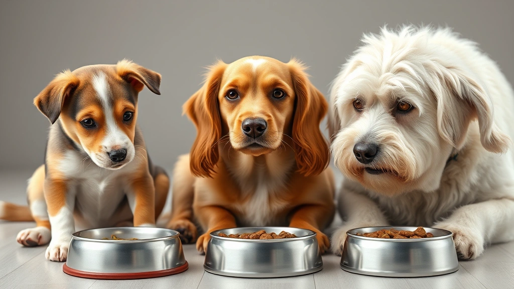 veterinary recommended feeding times -
Photorealistic image of three dogs of different ages (puppy, adult, senior) at