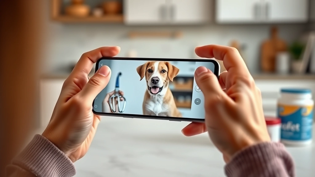 virtual vet consultation for diet questions -
Photorealistic image of a pet owner’s hands holding a smartphone showing 
