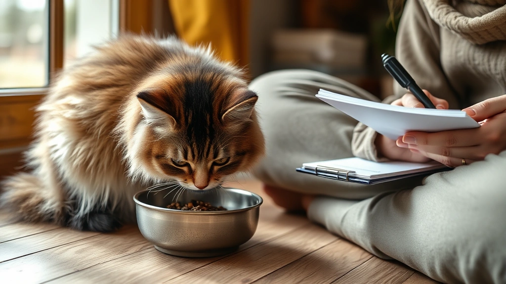 virtual vet consultation for diet questions -
Photorealistic image of a fluffy cat eating from a bowl while owner takes notes