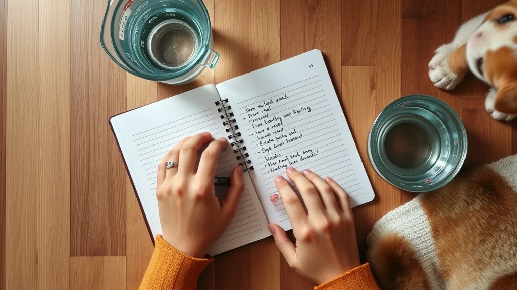 water intake monitoring -
Photorealistic overhead view of a pet owner’s hand writing in a health jo