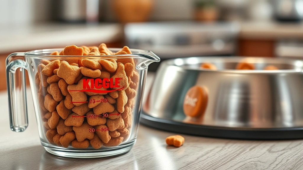 weight-appropriate portion timing -
Photorealistic close-up of a measuring cup filled with kibble next to a pet foo