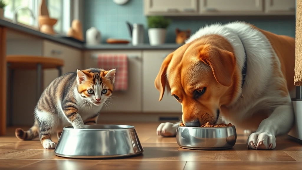 weight-appropriate portion timing -
Photorealistic image of a multi-pet household scene showing a small cat eating
