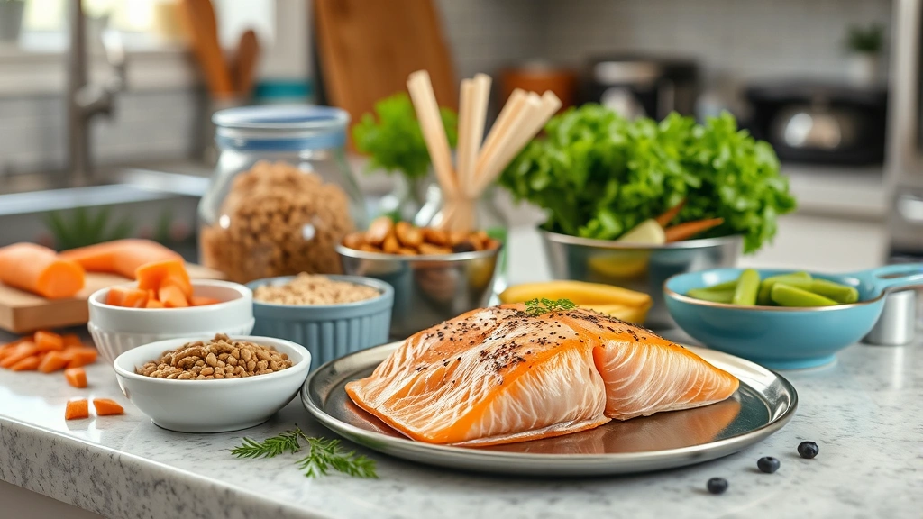 what can I feed my cat from my plate -
Photorealistic image of various safe cat foods arranged on a kitchen counter in