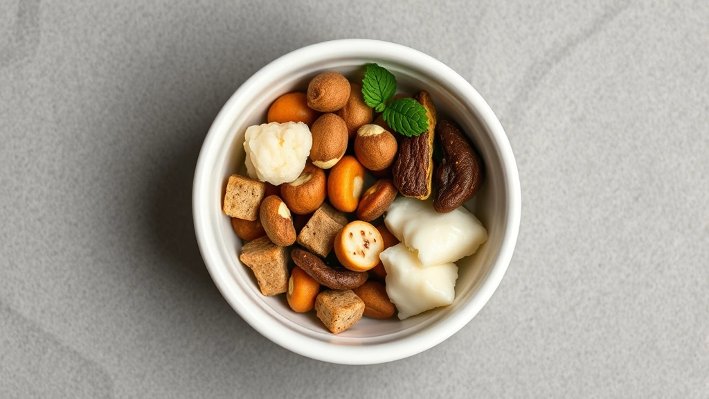 what can I feed my cat from my plate -
Photorealistic overhead shot of a small white ceramic bowl containing tiny port