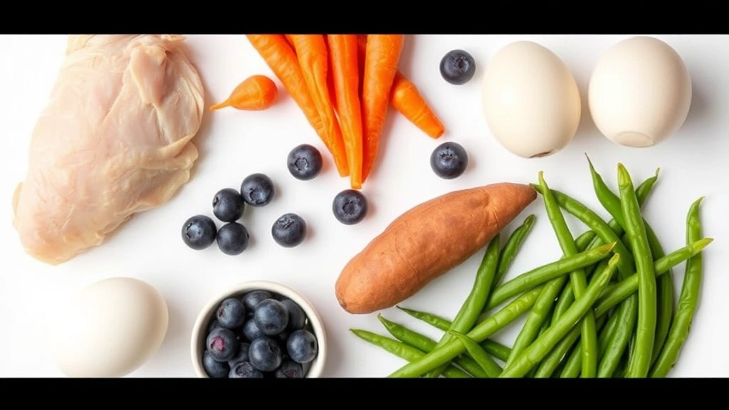 what can I feed my dog from my plate -
Photorealistic overhead shot of various safe dog foods arranged on a white surf