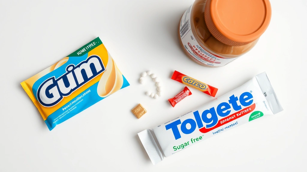 xylitol poisoning in dogs -
Photorealistic flat lay of common household items containing xylitol: sugar-fre