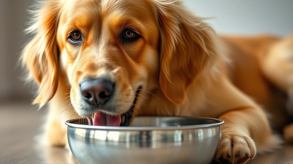 solid gold dog food -
Photorealistic happy golden retriever eating from a bowl with shiny healthy coa