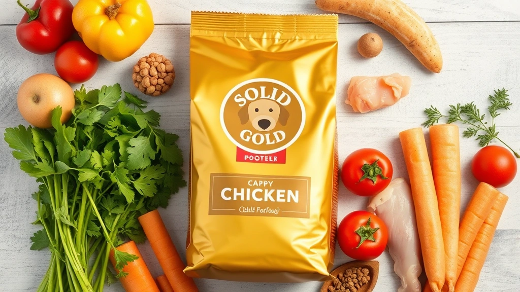 solid gold dog food -
Photorealistic flat lay of Solid Gold dog food bag surrounded by fresh ingredie