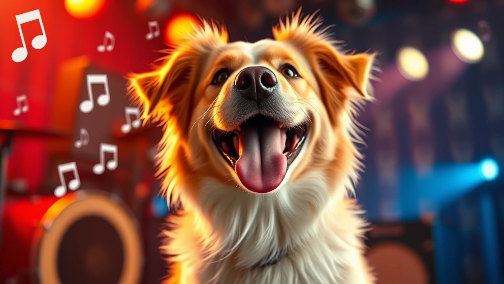 songs about dogs -
Photorealistic happy dog with tongue out, surrounded by musical notes and sound