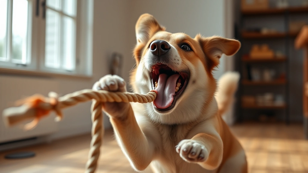 spanky and the gang dog -
Photorealistic image of a spirited dog playing tug-of-war with a rope toy, show