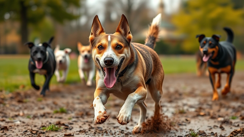 spanky and the gang dog -
Photorealistic image of a happy, muddy dog running through a park with other do