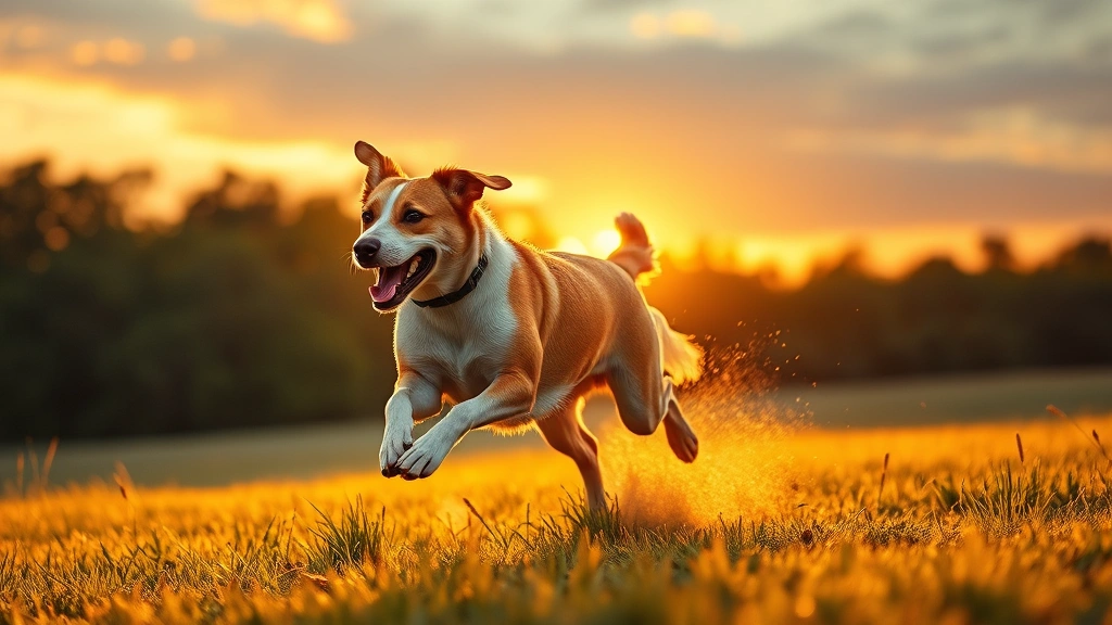 sportmix dog food -
Photorealistic energetic athletic dog running through an open field at sunset