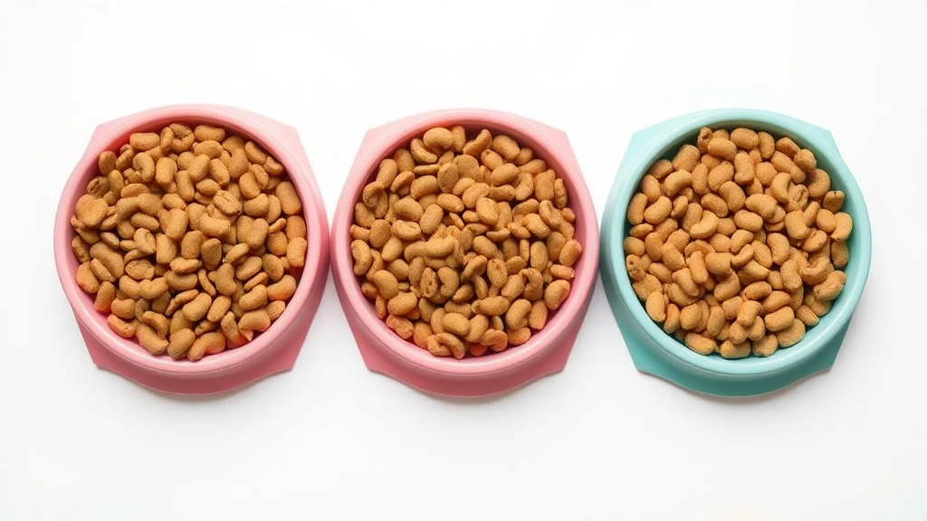 sportmix dog food -
Photorealistic comparison flat lay of three different dog food bowls with varyi