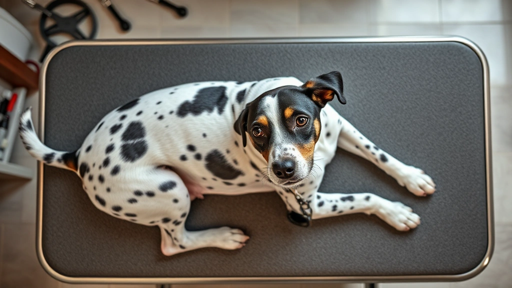 spotted dog -
Photorealistic overhead view of a spotted dog lying on a grooming table during