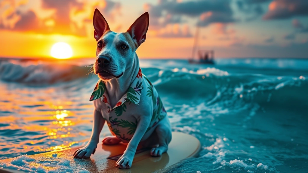 spuds mackenzie dog -
White Bull Terrier in a Hawaiian shirt sitting on a surfboard near ocean waves 